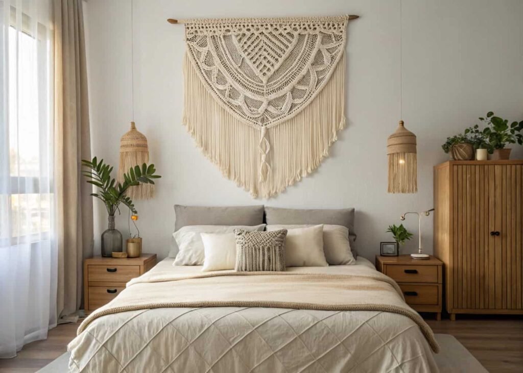 Macrame wall hanging as bedroom decor above bed