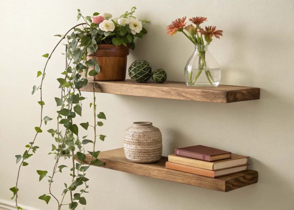 Floating shelf styled with vase, books, and trailing plant in aesthetic bedroom