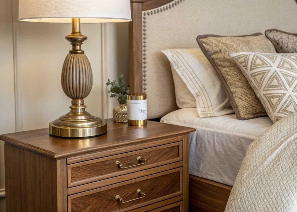 Bedroom material palette combining wood, brass, and linen textures