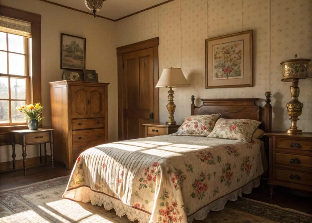 vintage grandmillennial bedroom style with floral and brass accents