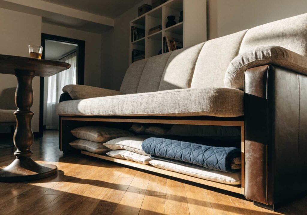 Multi-purpose storage sofa maximizing function in a tiny living room.