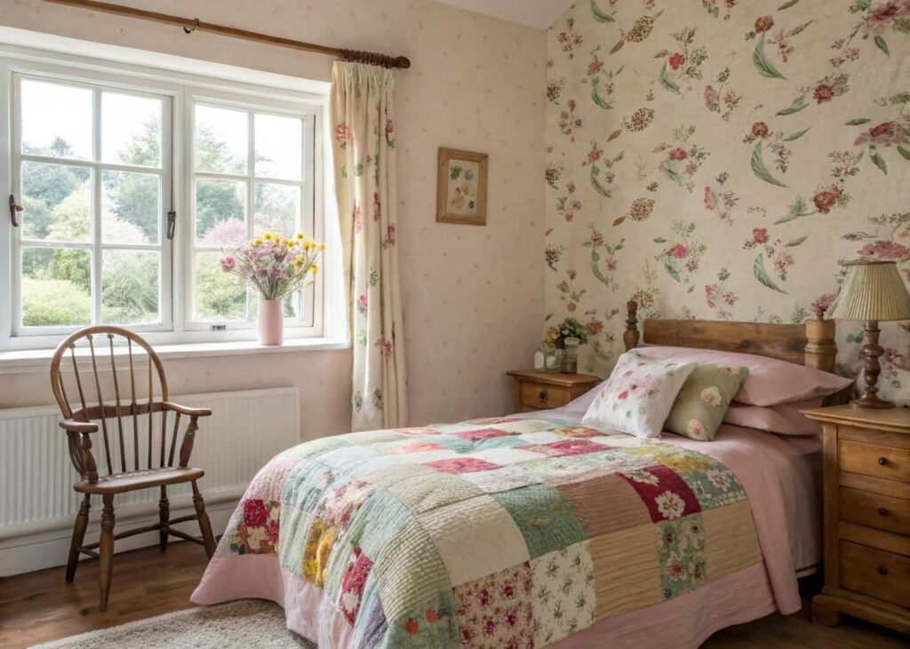 Whimsical cottagecore bedroom with floral wallpaper and patchwork quilt
