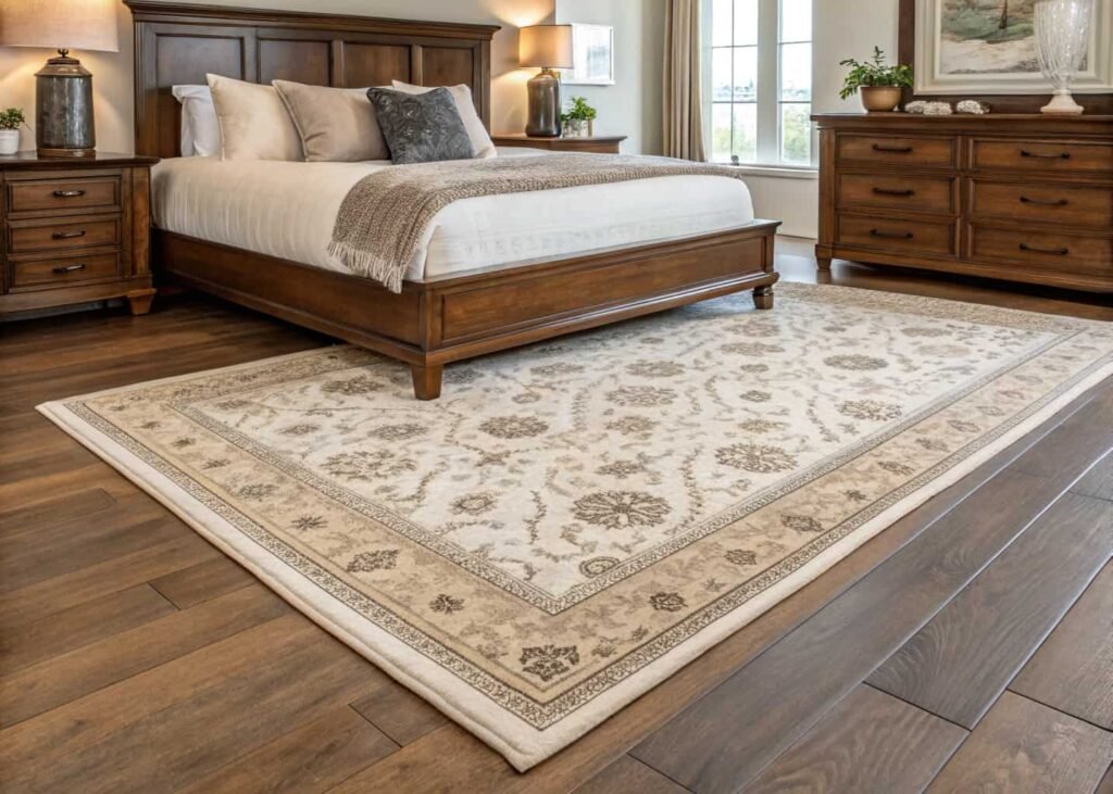 Properly sized area rug grounding a bedroom bed layout