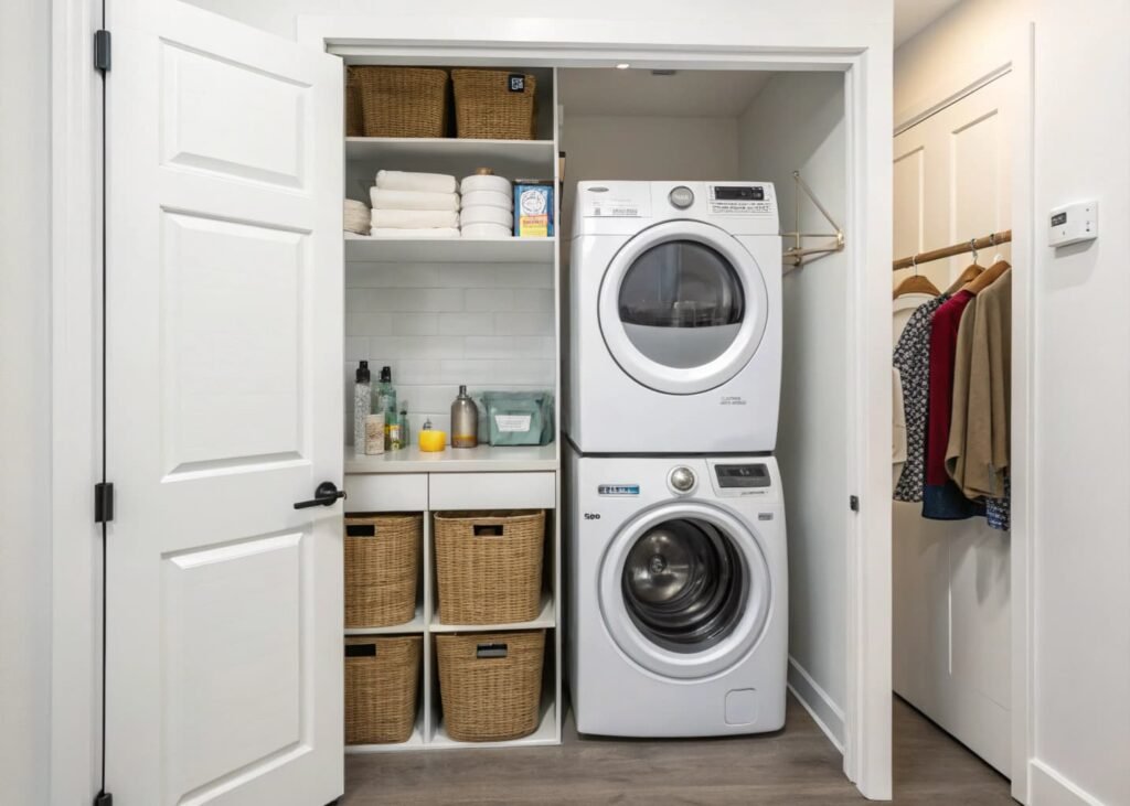 Compact apartment laundry closet with narrow shelf, door hooks, and small bins