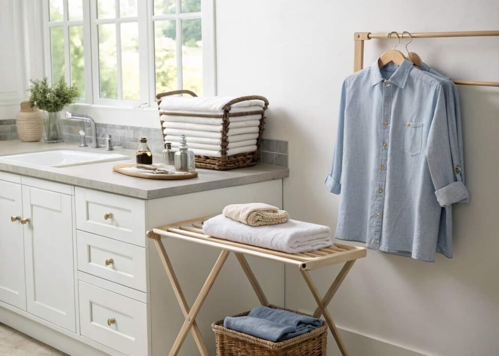 Laundry folding station with towels and a wall-mounted drying rack.