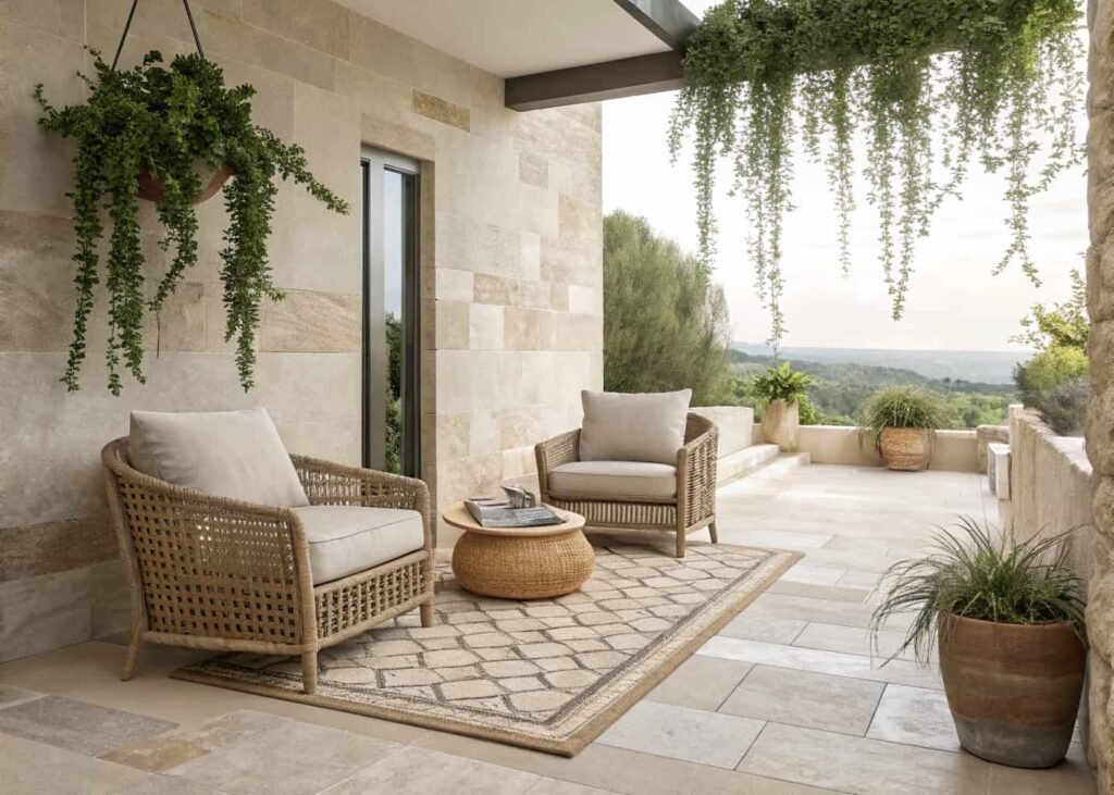 Terrace flooring combining hard tile with a soft outdoor rug and greenery