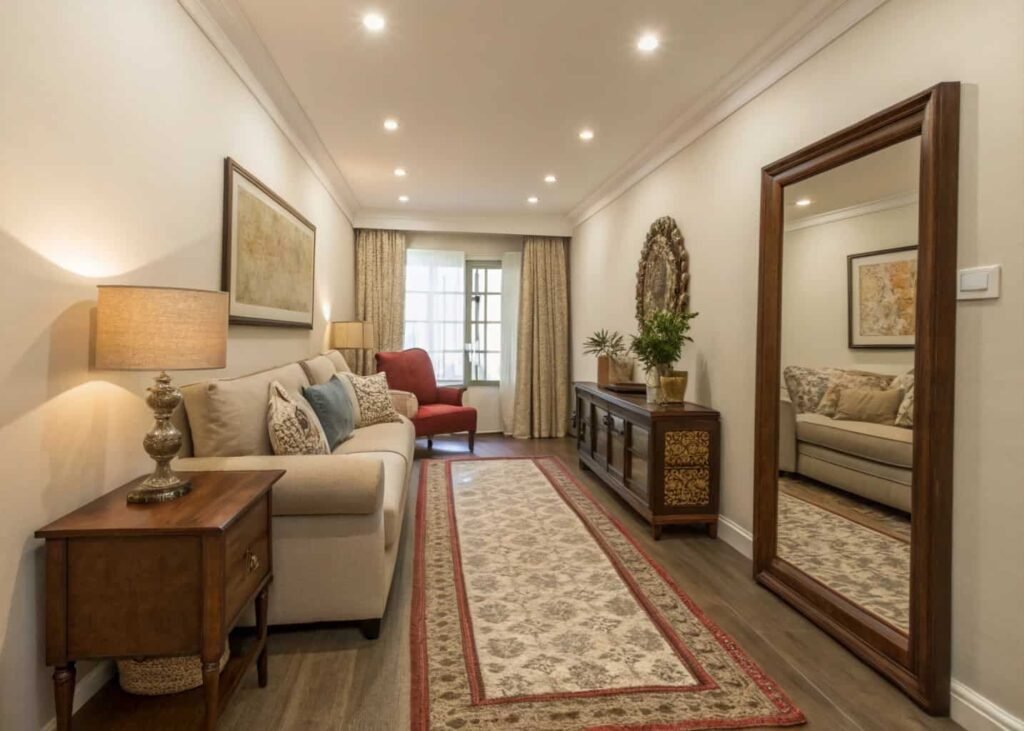 Narrow living room design with wall-aligned furniture and a mirror trick.
