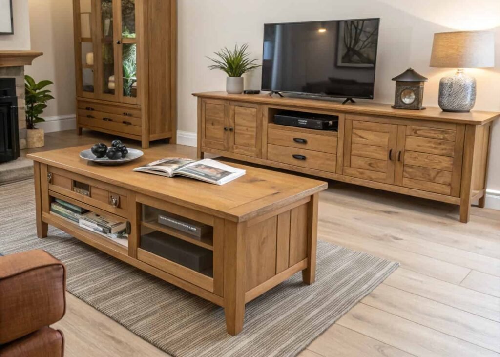 Living room with layered natural wood tones from oak flooring to a walnut coffee table.