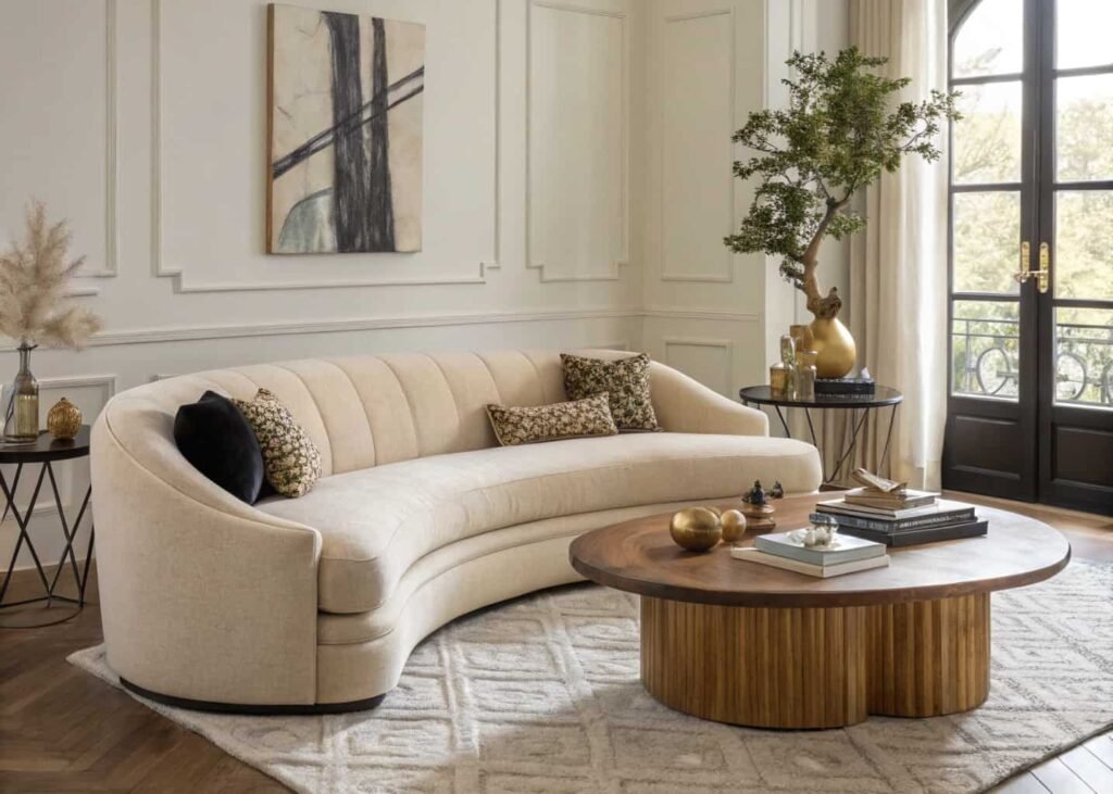Contemporary living room with a curved sofa, mixed brass and black metal accents, and organic-shaped coffee table