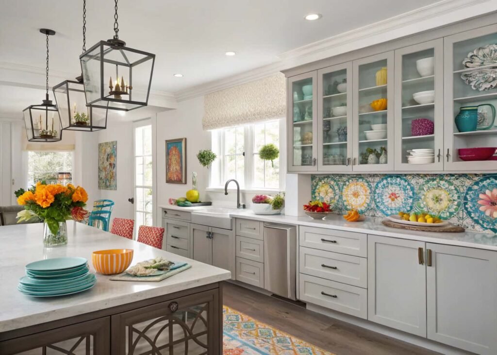Kitchen counter styled with sage green, terracotta, and navy accent decor against white cabinets.