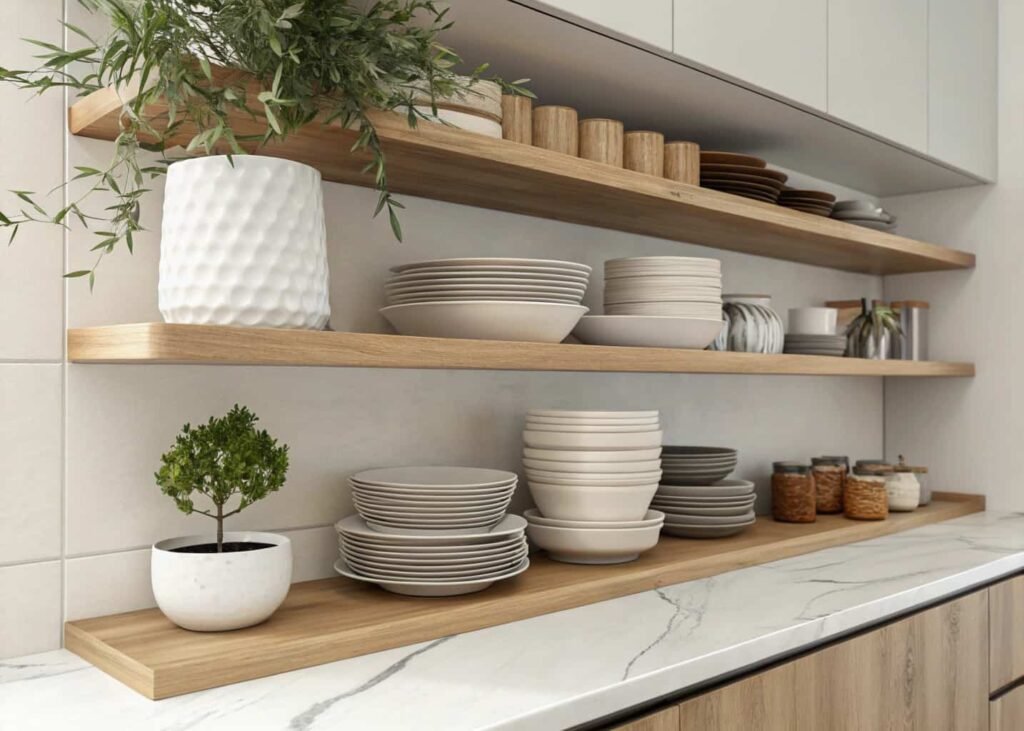 Open shelving in a kitchen used for both display and everyday dishware
