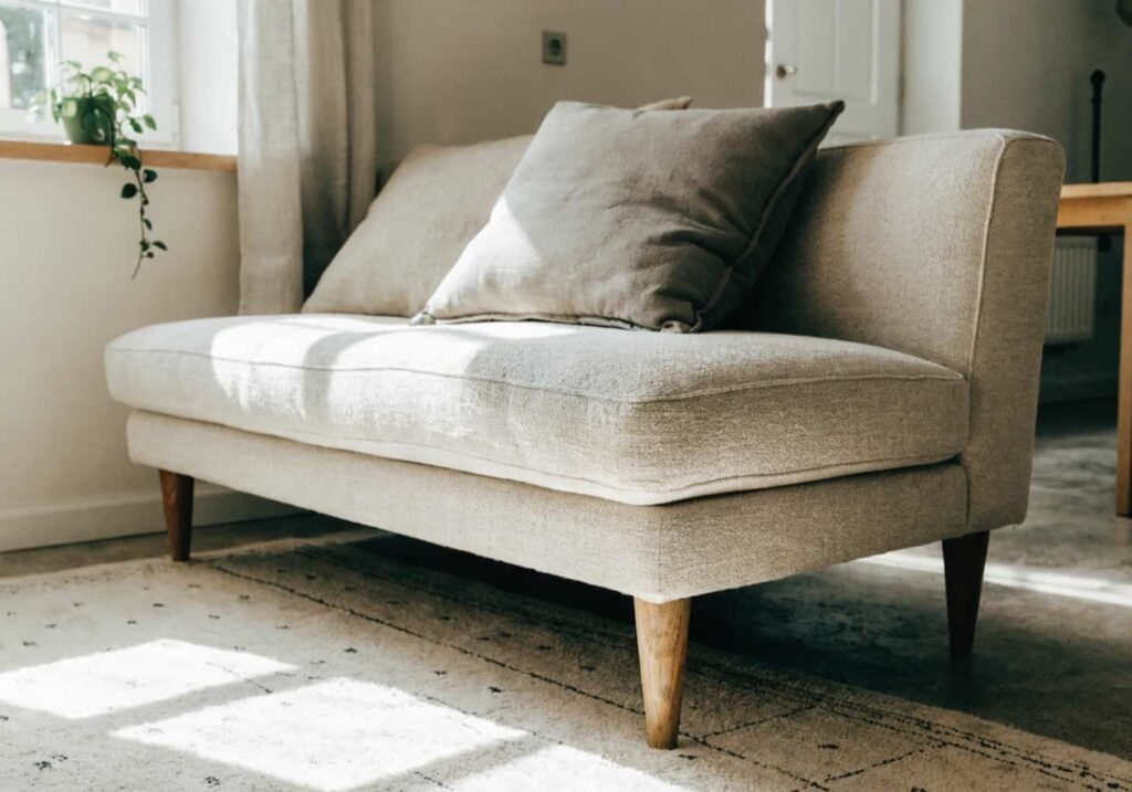 Budget-friendly fabric couch with wooden legs in a simple living room