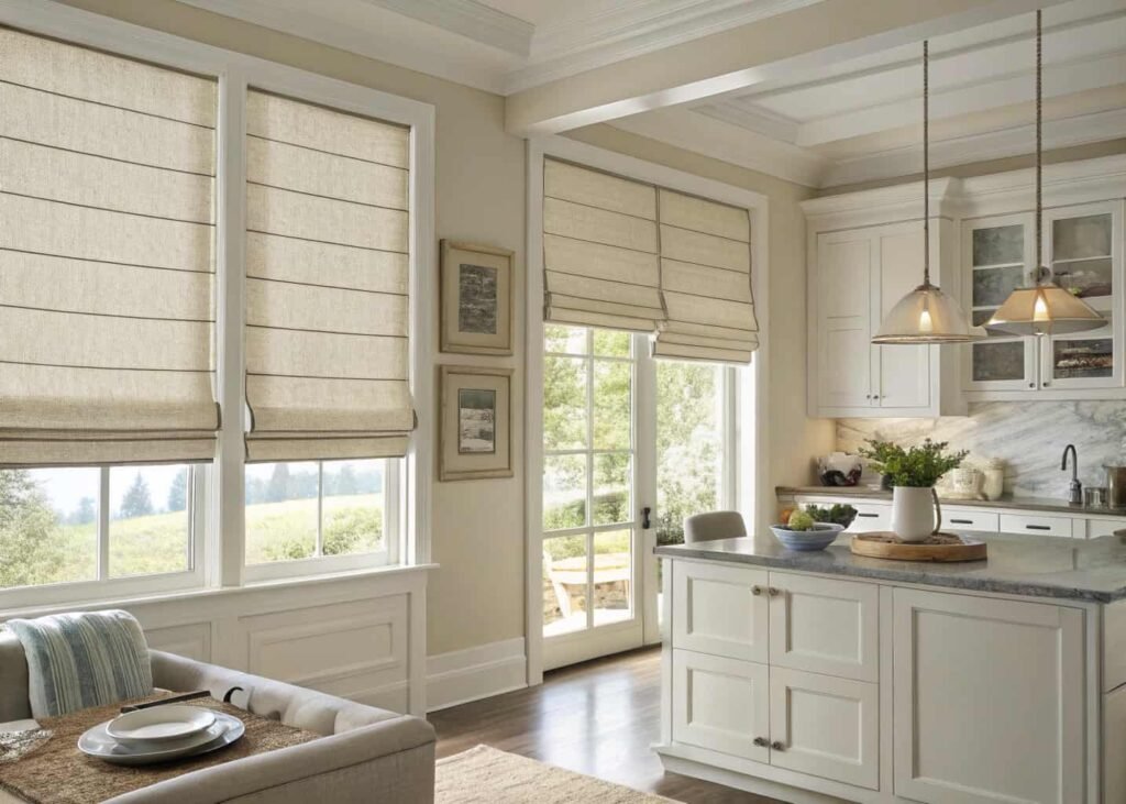 Matching roman shade style used across kitchen and living room windows.