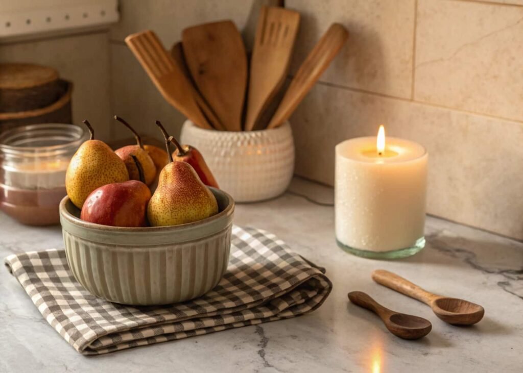 Seasonal fall countertop decor with pears and candle