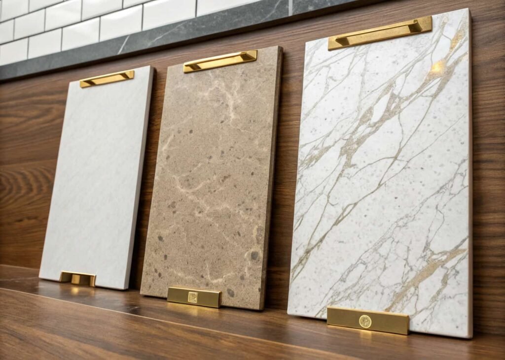 Quartz and marble countertop samples with brushed brass hardware