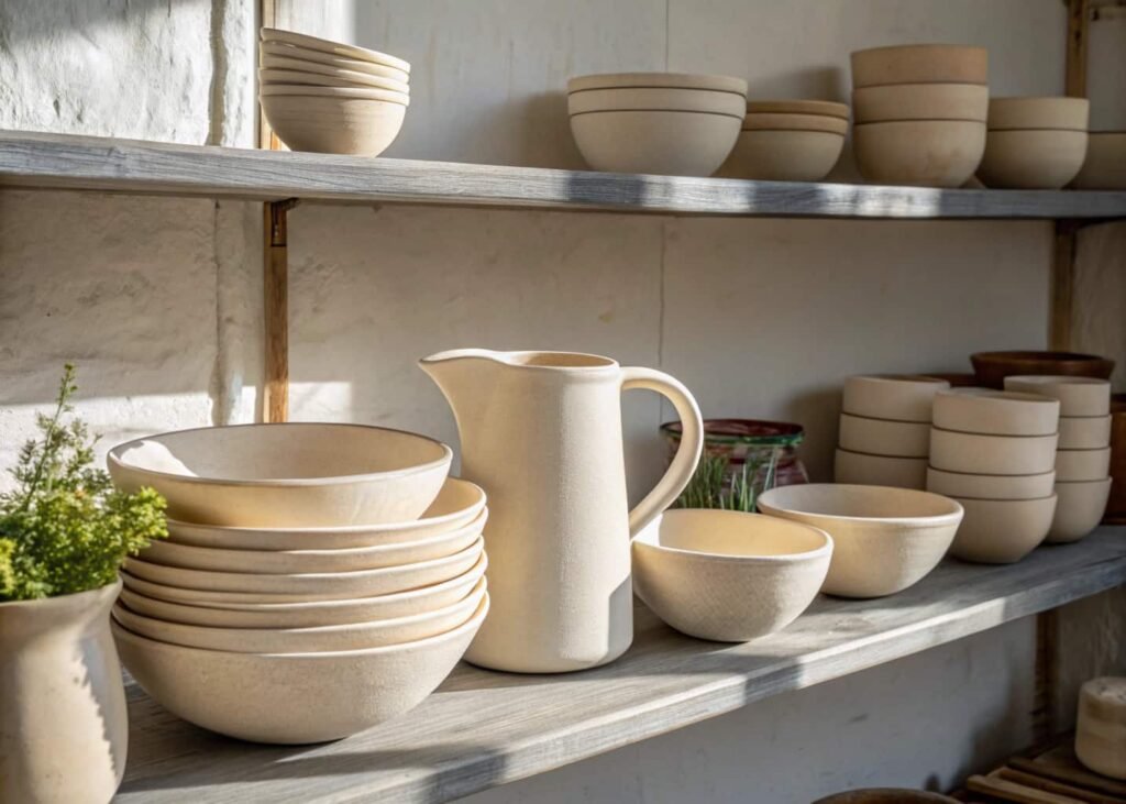 Curated stoneware kitchenware display arranged by color and material