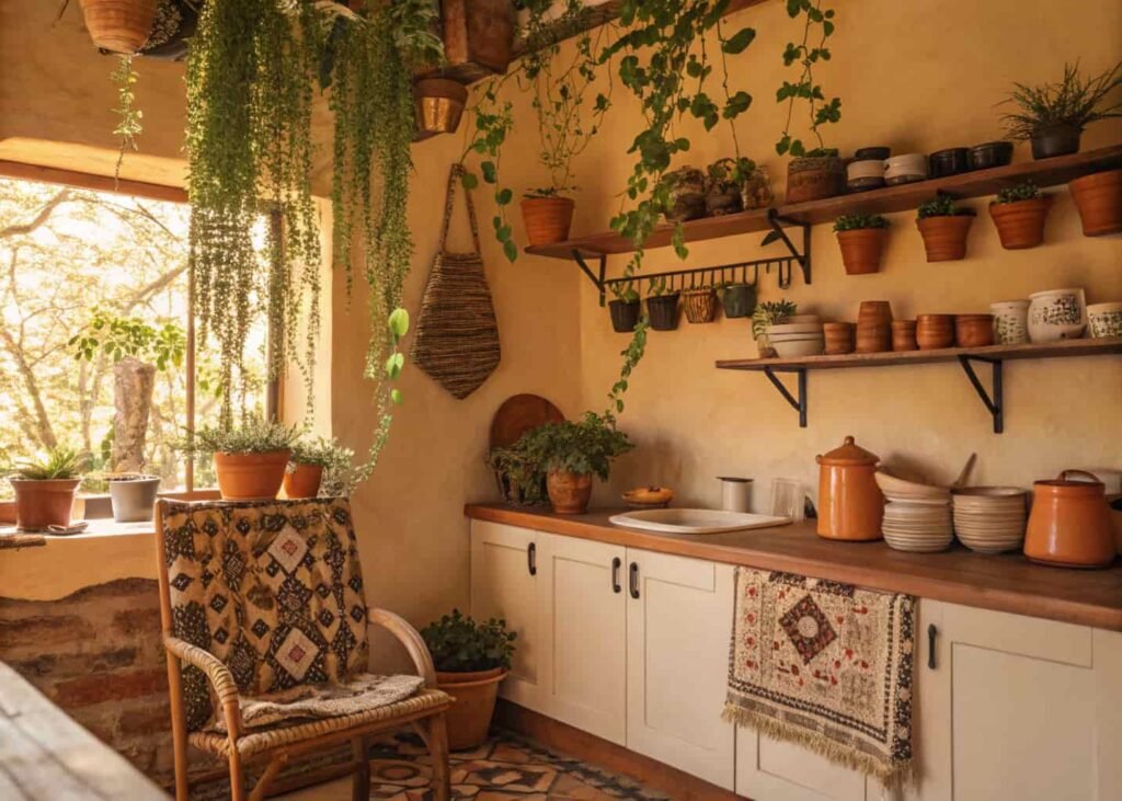Bohemian kitchen with hanging plants, terracotta pots, and mismatched ceramic mugs on open shelving