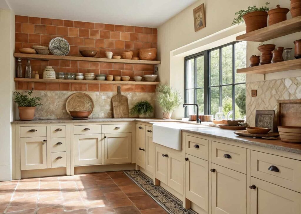 Kitchen with terracotta backsplash and cream cabinetry