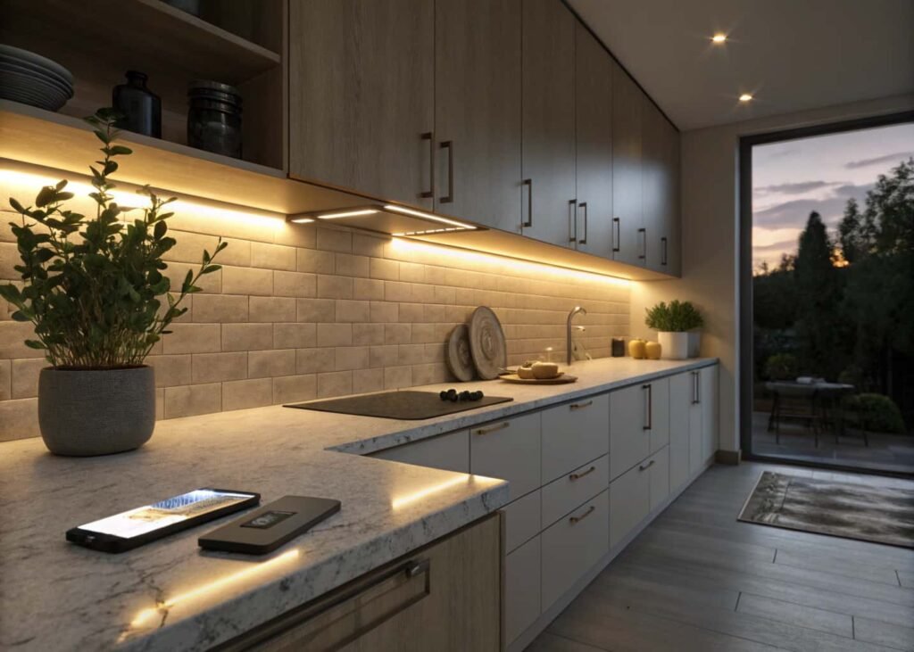 Warm smart under-cabinet lighting in a kitchen, a 2026 integrated tech trend