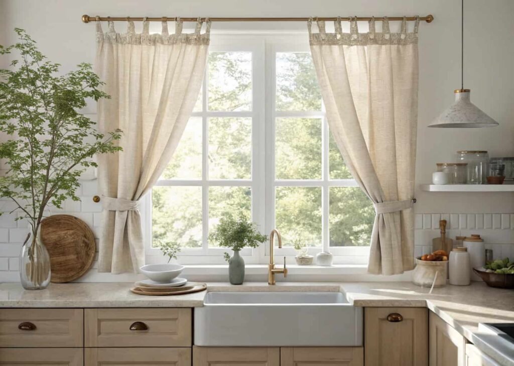 Kitchen cafe curtain over sink window with natural light and linen fabric