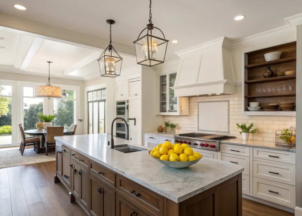 Finished kitchen viewed from the doorway with styled counters and a bowl of lemons on the island.