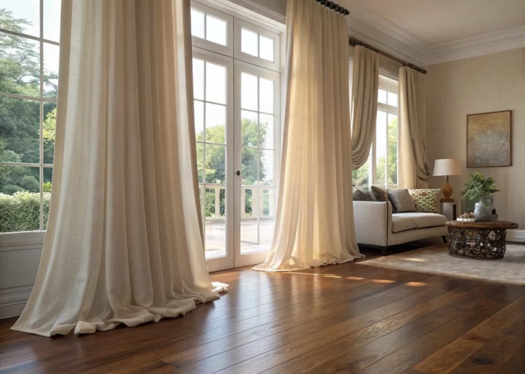 Floor-length curtains gently pooling on a living room floor
