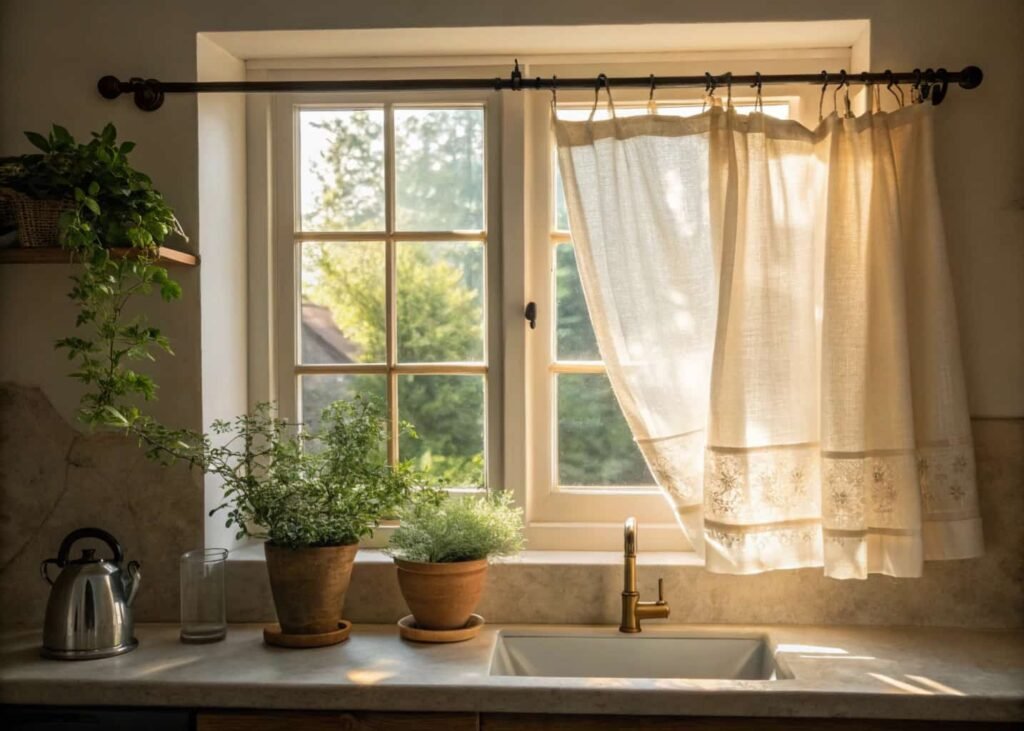 Battery-powered under-cabinet lighting adding warmth to a small rental kitchen.