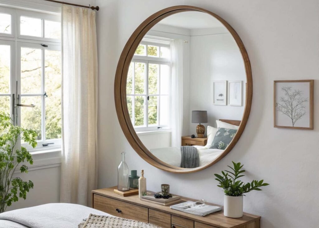 Oversized round mirror as bedroom wall decor
