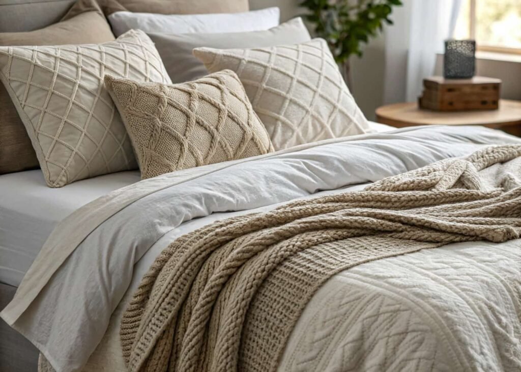 Layered bedroom textiles mixing linen, knit, and velvet textures