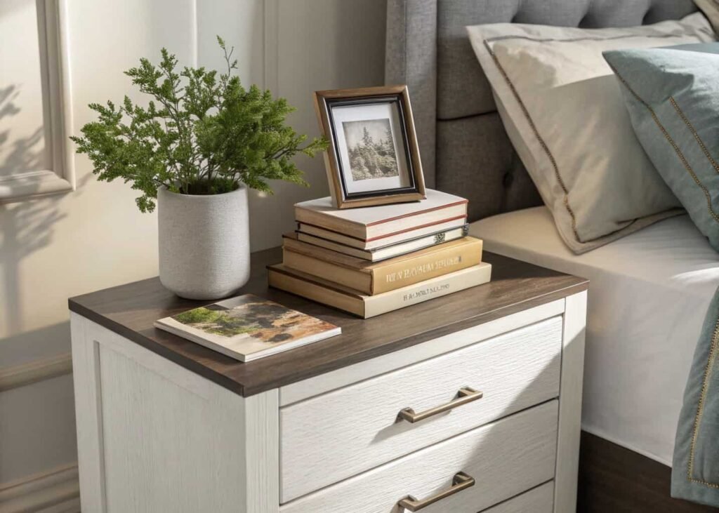 Personal touches on bedroom nightstand with books plant and photo