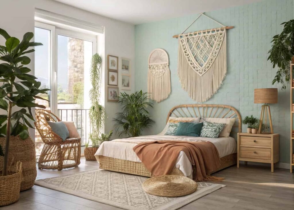 boho chic aesthetic bedroom with macrame and rattan decor]
