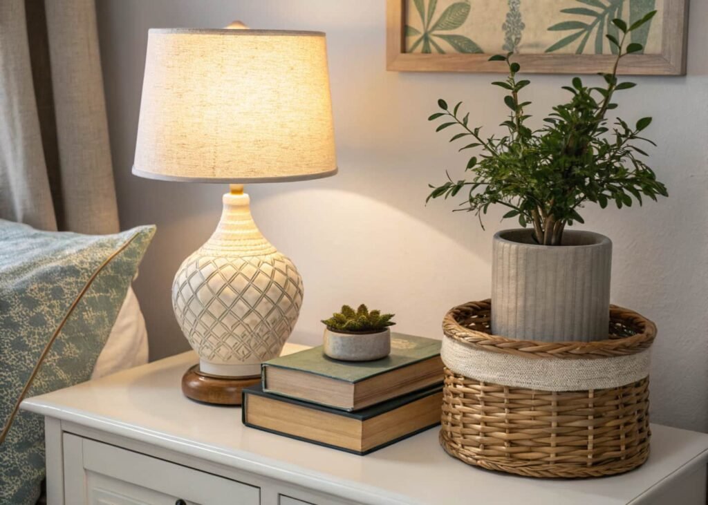 Styled bedroom nightstand with lamp, books, and a plant in a woven basket