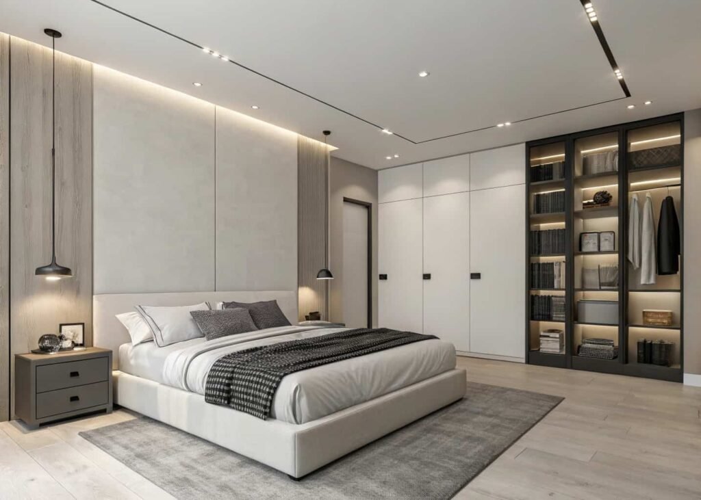 Sleek modern minimalist bedroom with clean lines and monochrome palette