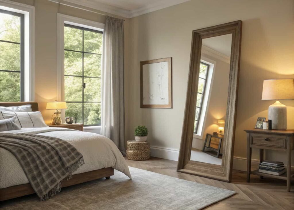 Large leaning mirror reflecting natural light in a bedroom