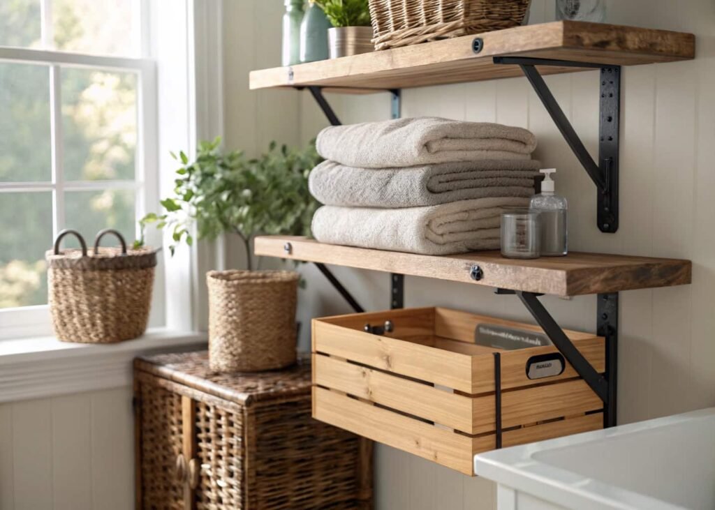 Handmade wooden plank shelf with crate storage in a laundry room