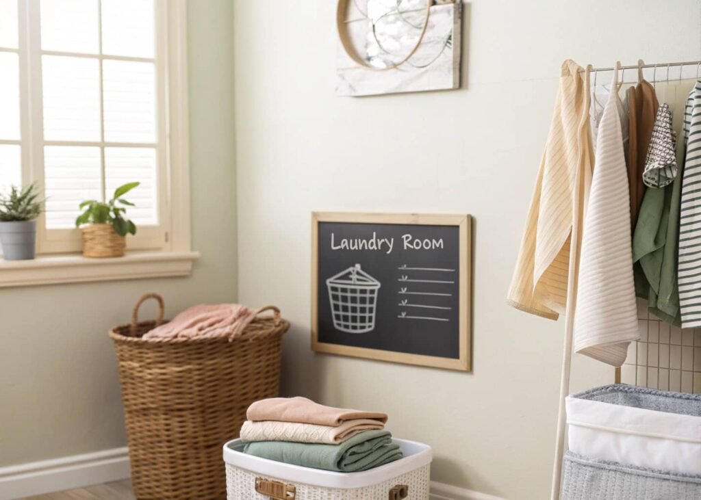 Weekly laundry schedule displayed on a laundry room wall beside a basket of folded clothes.