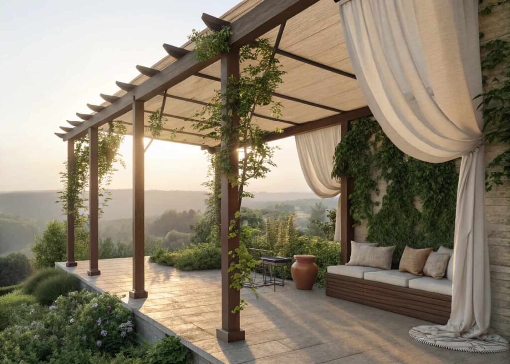 Wooden pergola and shade over a terrace creating a private outdoor room