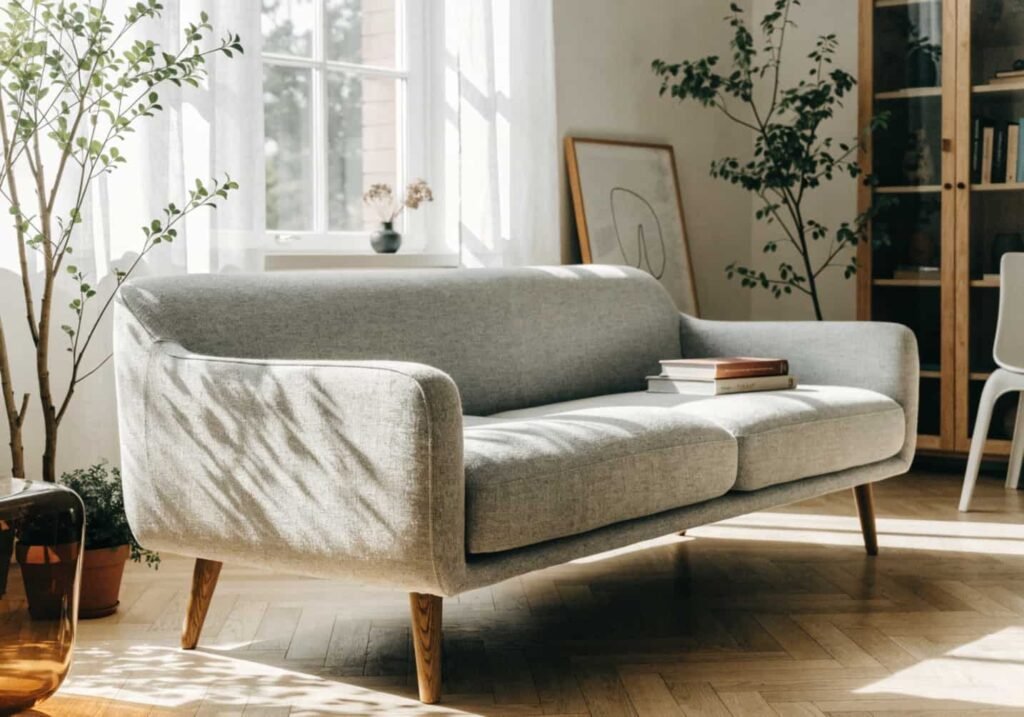 Cozy Scandinavian-style sofa with wooden legs in a bright living room