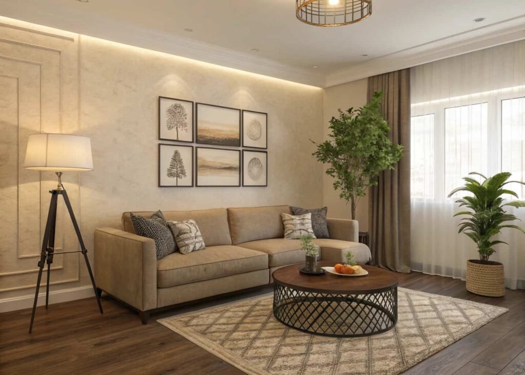 Square living room layout with an angled furniture arrangement.