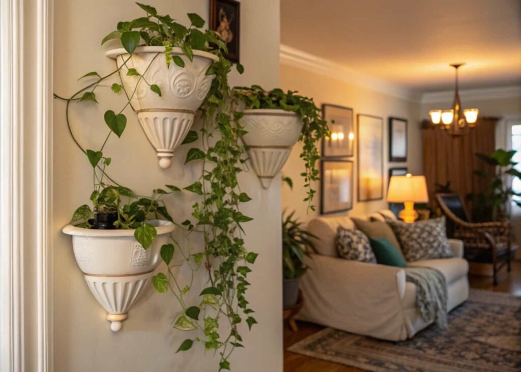 wall-mounted ceramic plant sconces holding trailing pothos plants on a living room wall