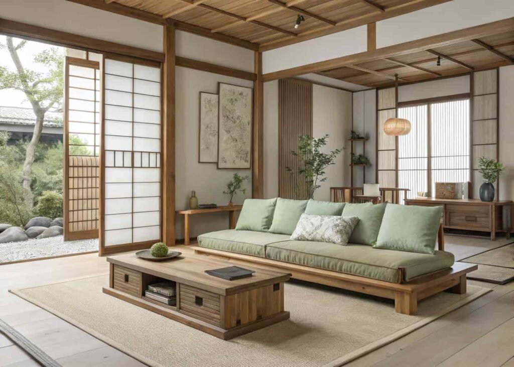 Japandi living room with low wooden furniture, natural linen textiles, and open negative space
