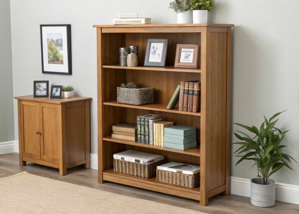 Bookshelf styled with mixed upright and stacked books and decorative objects.