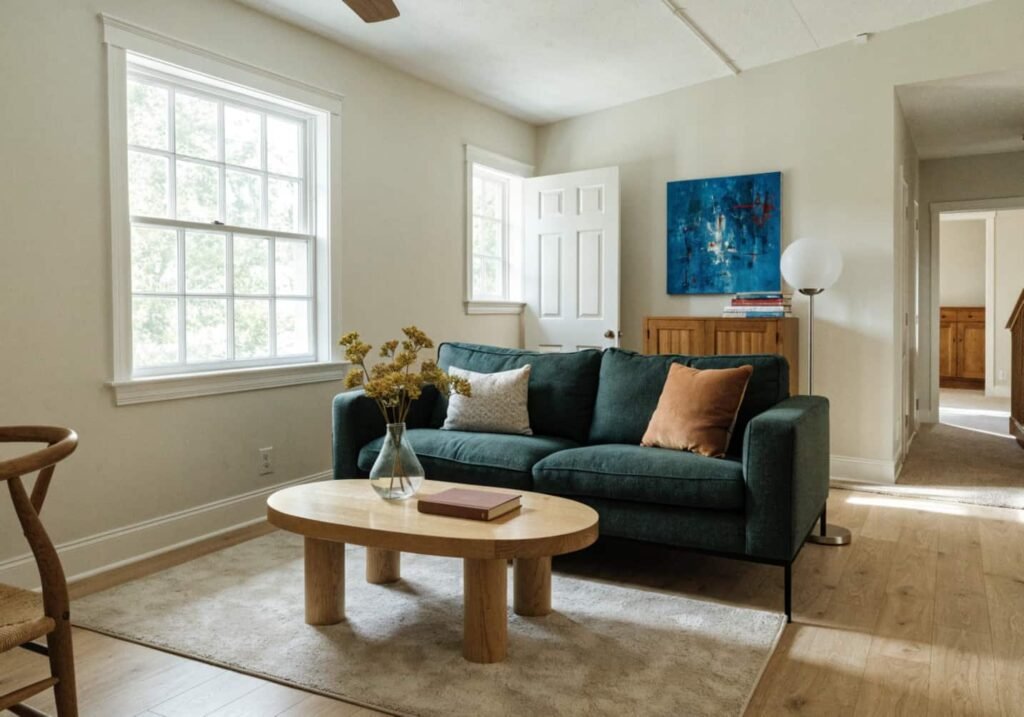 Sofa placed away from high-traffic walking areas in living room