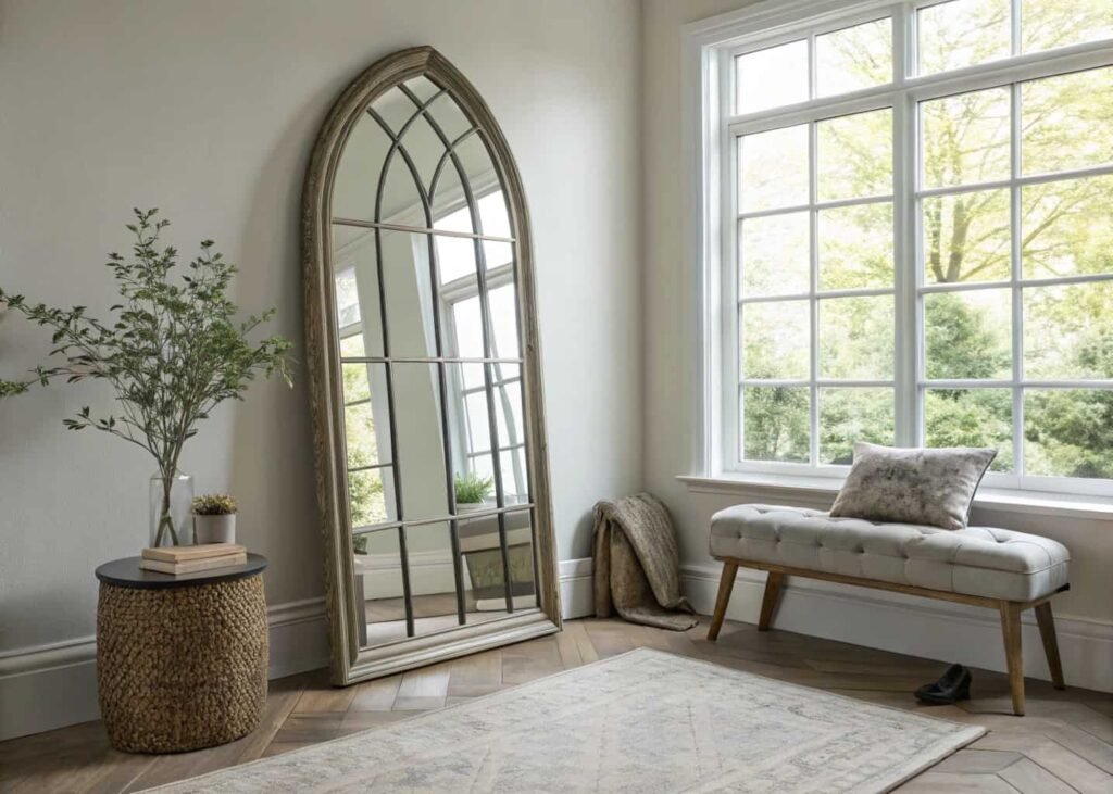 Large arched mirror leaning against wall reflecting natural window light.