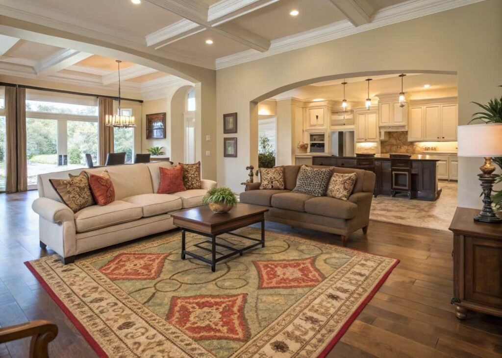 Statement area rug defining the living room zone in an open floor plan
