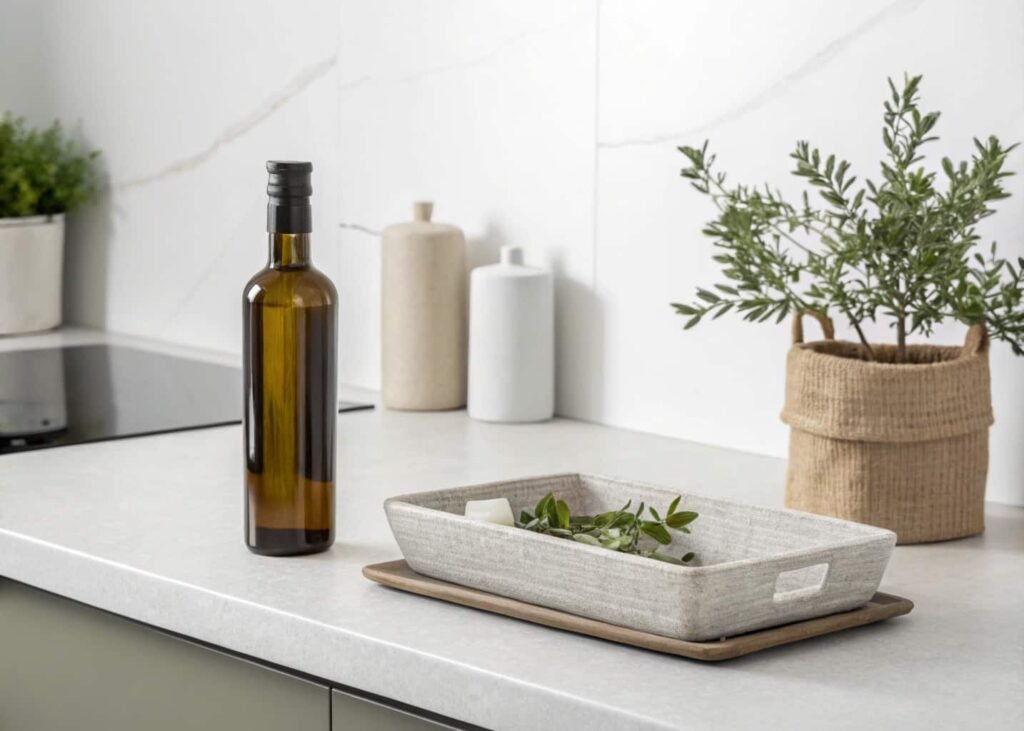 Minimalist countertop styling with olive oil bottle and neutral tray