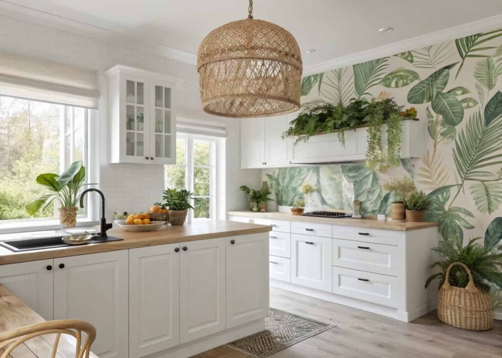 Tropical kitchen with botanical wallpaper, white cabinets, and live potted plants