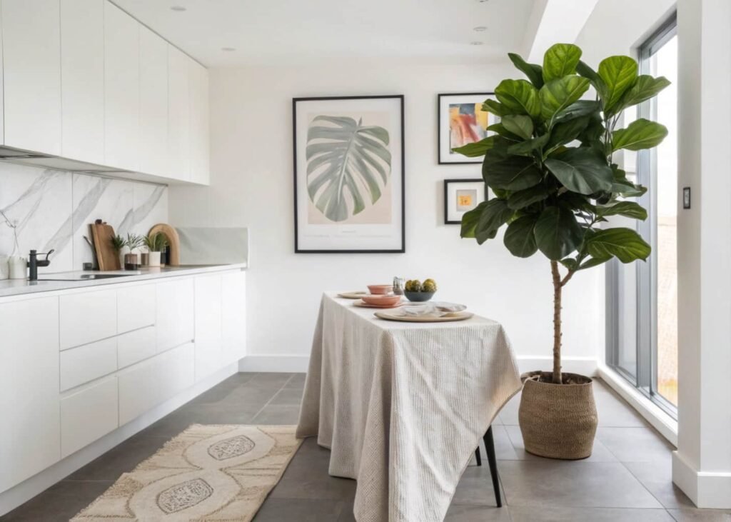 Modern kitchen corner styled with fiddle leaf fig and linen runner