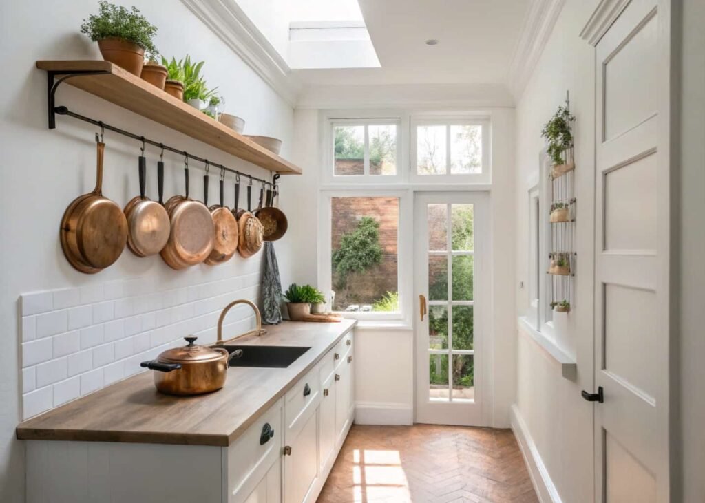 Small kitchen with wall-mounted pot rail and minimal open shelf styling