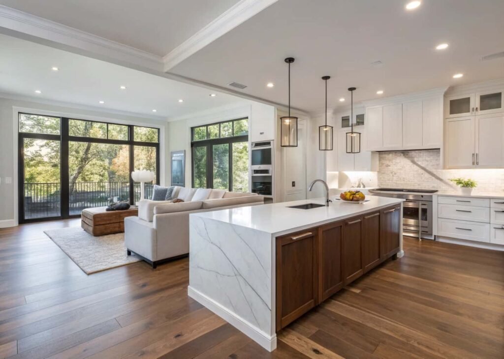Open-concept kitchen with waterfall island and matching flooring